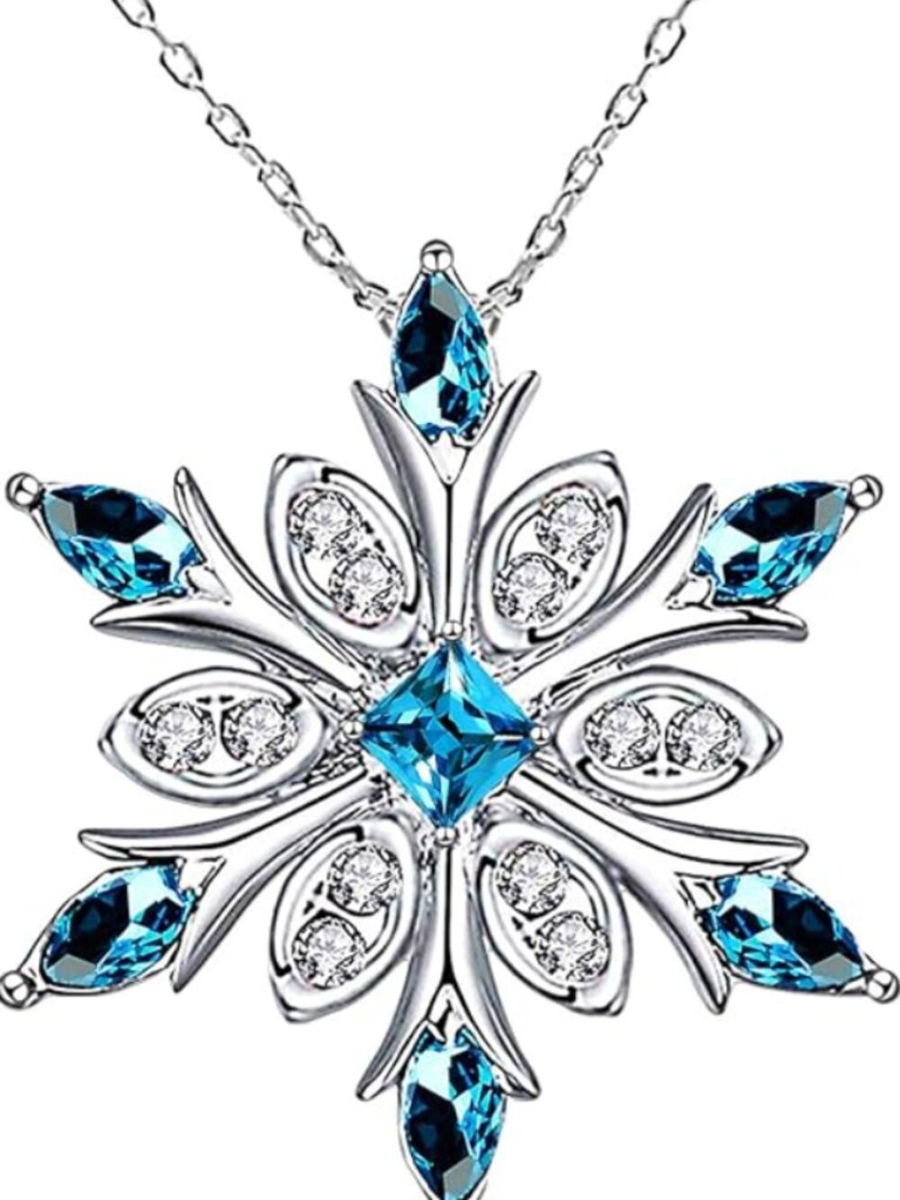 925 Sterling Silver Snowflake Necklace | Blue Crystal Pendant | Delicate Chain